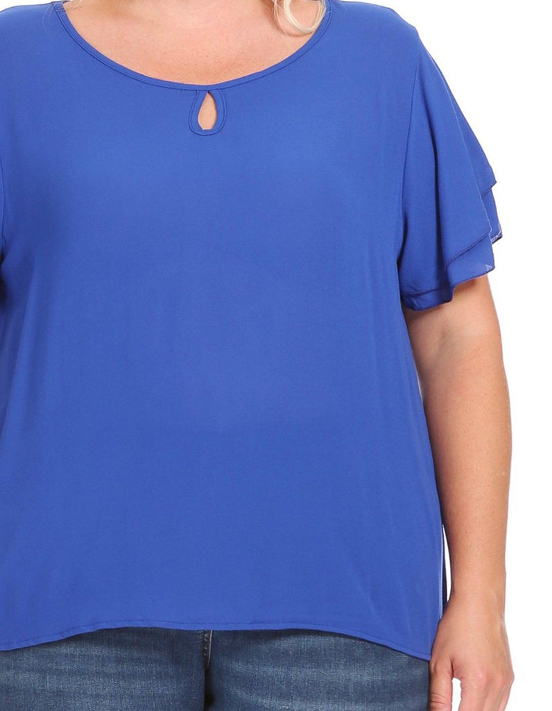 Women's Plus Size Solid Flowy Short Flutter Sleeve Key Hole Blouse FashionJOA