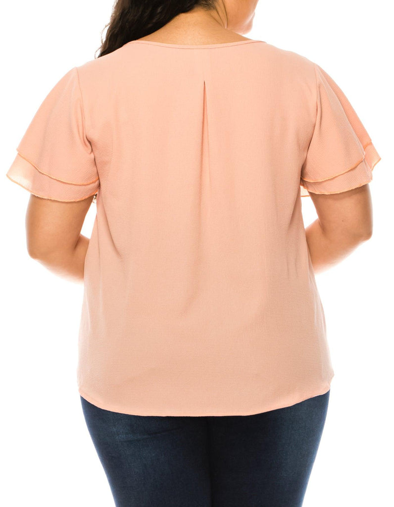 Women's Plus Size Solid Flowy Short Flutter Sleeve Key Hole Blouse FashionJOA