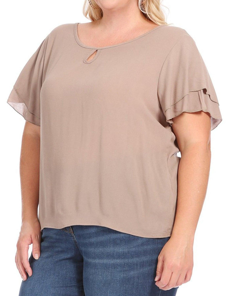 Women's Plus Size Solid Flowy Short Flutter Sleeve Key Hole Blouse FashionJOA