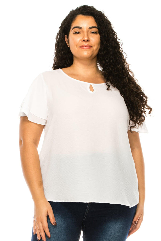Women's Plus Size Solid Flowy Short Flutter Sleeve Key Hole Blouse FashionJOA