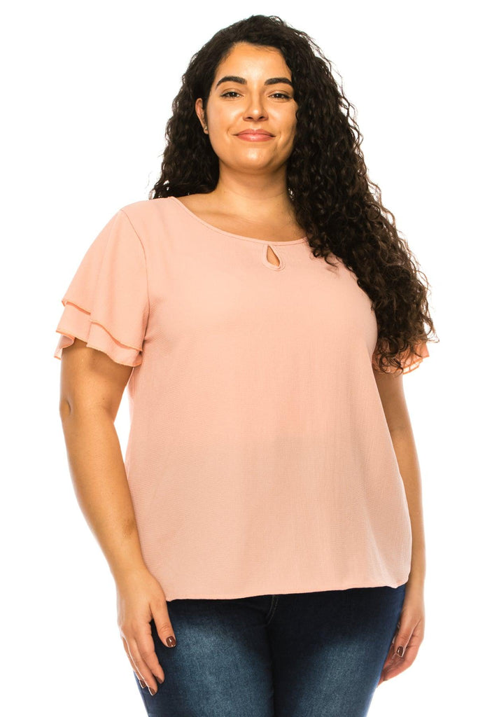 Women's Plus Size Solid Flowy Short Flutter Sleeve Key Hole Blouse FashionJOA