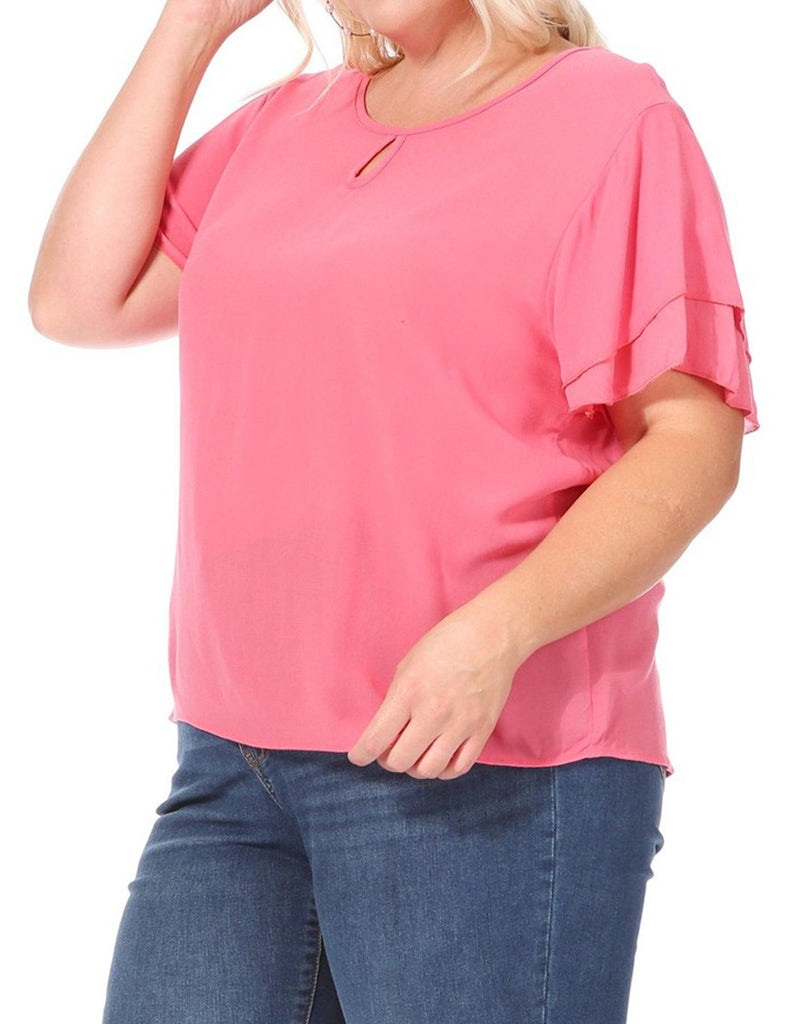 Women's Plus Size Solid Flowy Short Flutter Sleeve Key Hole Blouse FashionJOA