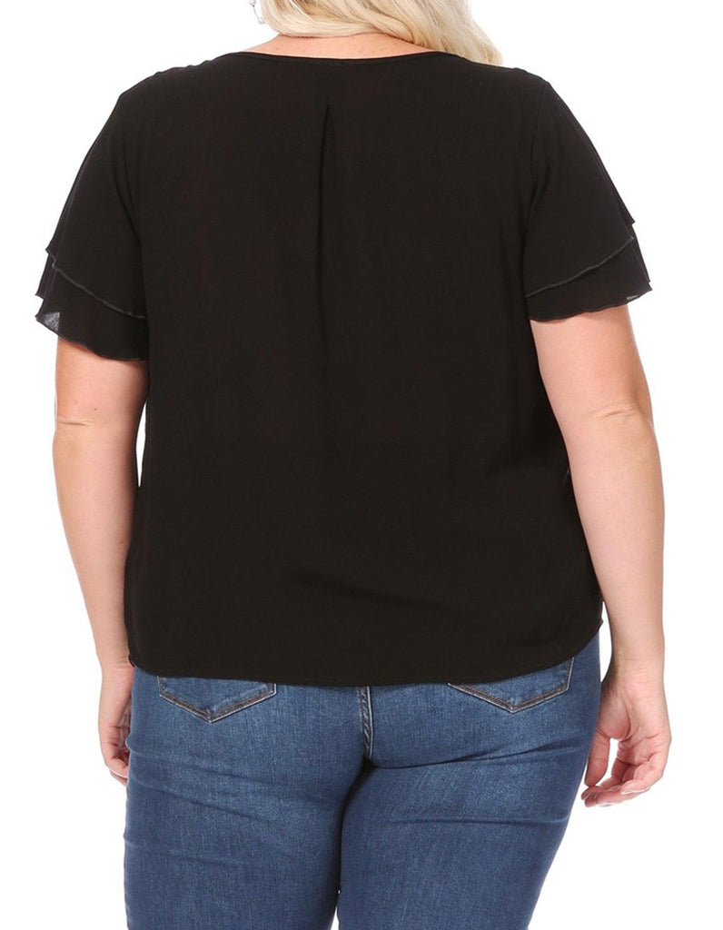 Women's Plus Size Solid Flowy Short Flutter Sleeve Key Hole Blouse FashionJOA
