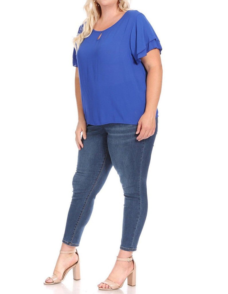 Women's Plus Size Solid Flowy Short Flutter Sleeve Key Hole Blouse FashionJOA
