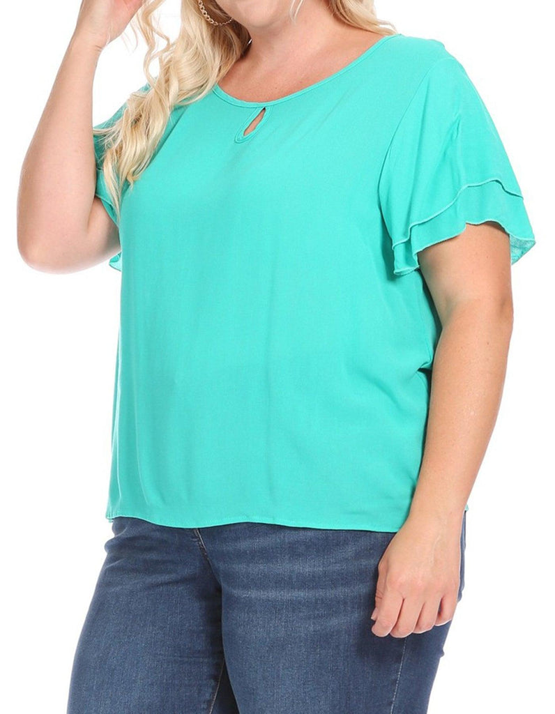 Women's Plus Size Solid Flowy Short Flutter Sleeve Key Hole Blouse FashionJOA