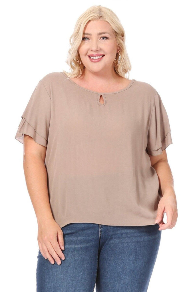 Women's Plus Size Solid Flowy Short Flutter Sleeve Key Hole Blouse FashionJOA