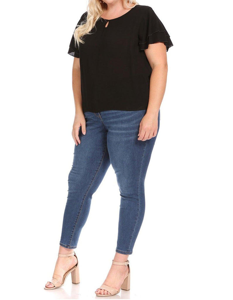 Women's Plus Size Solid Flowy Short Flutter Sleeve Key Hole Blouse FashionJOA