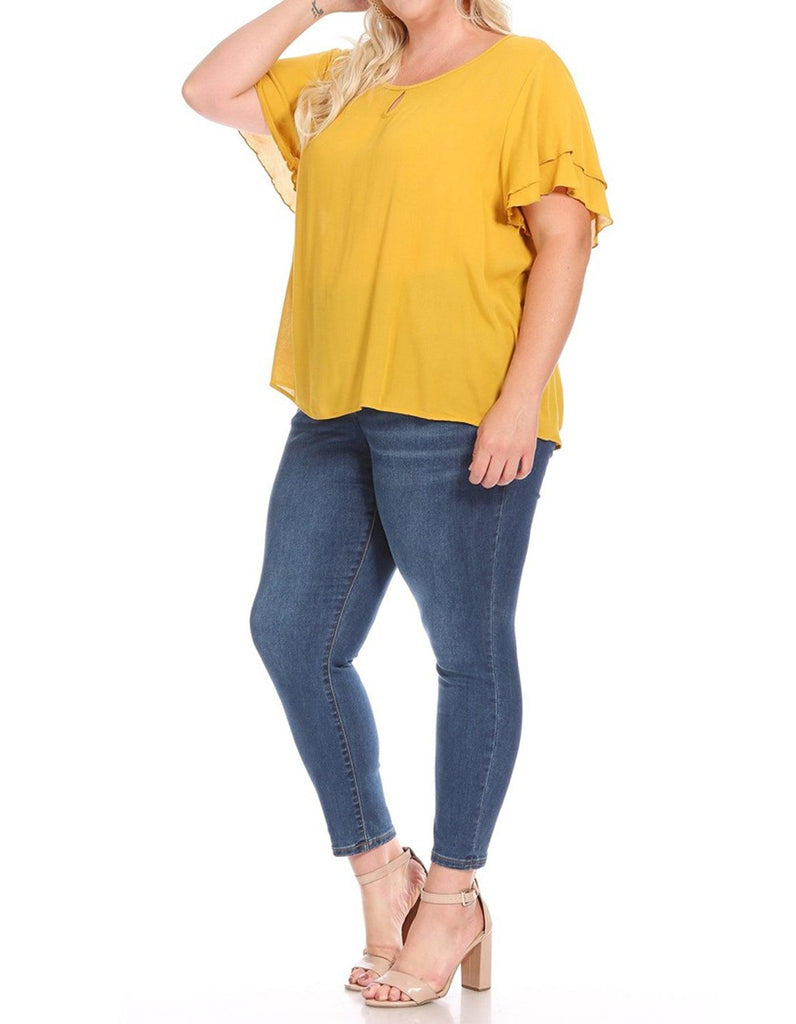 Women's Plus Size Solid Flowy Short Flutter Sleeve Key Hole Blouse FashionJOA