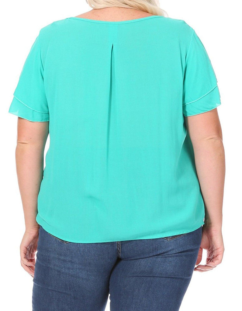 Women's Plus Size Solid Flowy Short Flutter Sleeve Key Hole Blouse FashionJOA