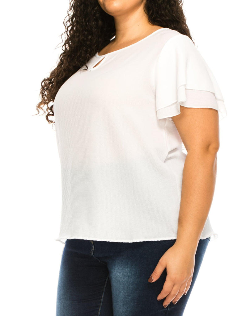 Women's Plus Size Solid Flowy Short Flutter Sleeve Key Hole Blouse FashionJOA