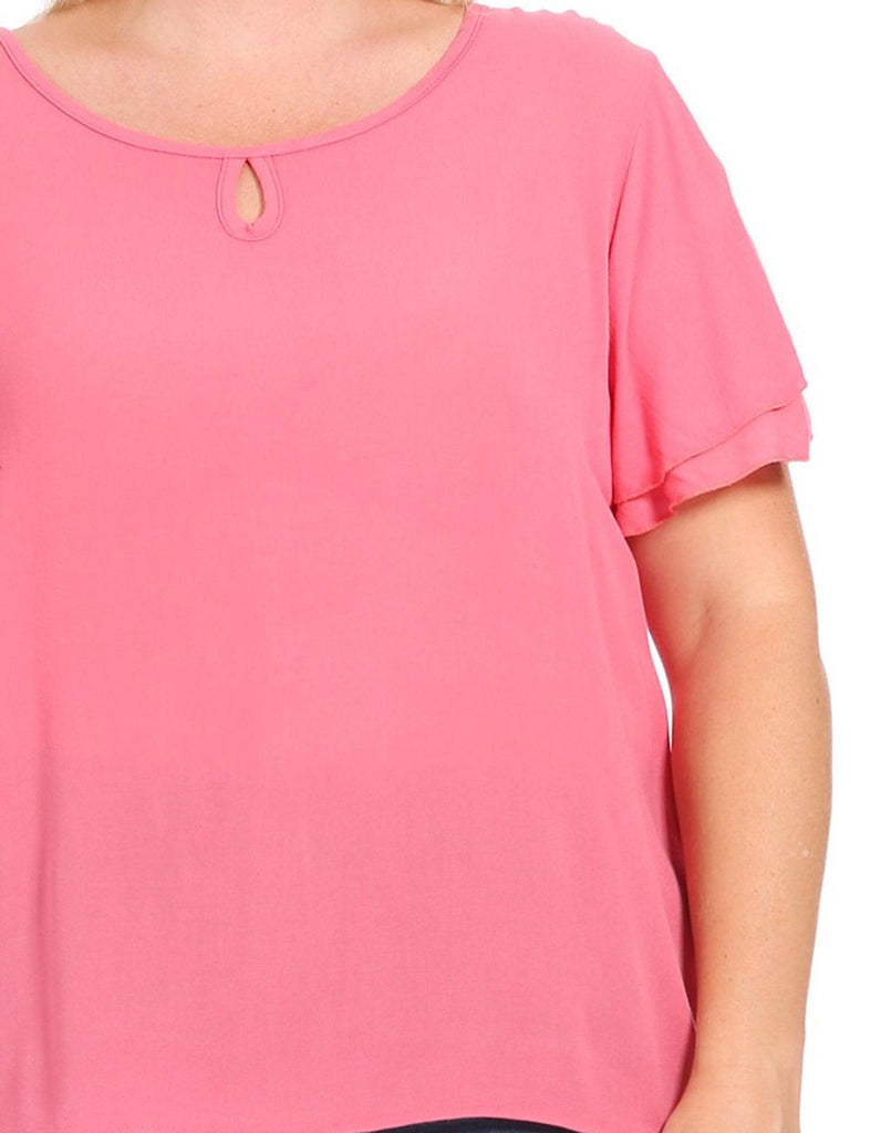 Women's Plus Size Solid Flowy Short Flutter Sleeve Key Hole Blouse FashionJOA