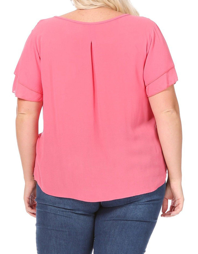 Women's Plus Size Solid Flowy Short Flutter Sleeve Key Hole Blouse FashionJOA