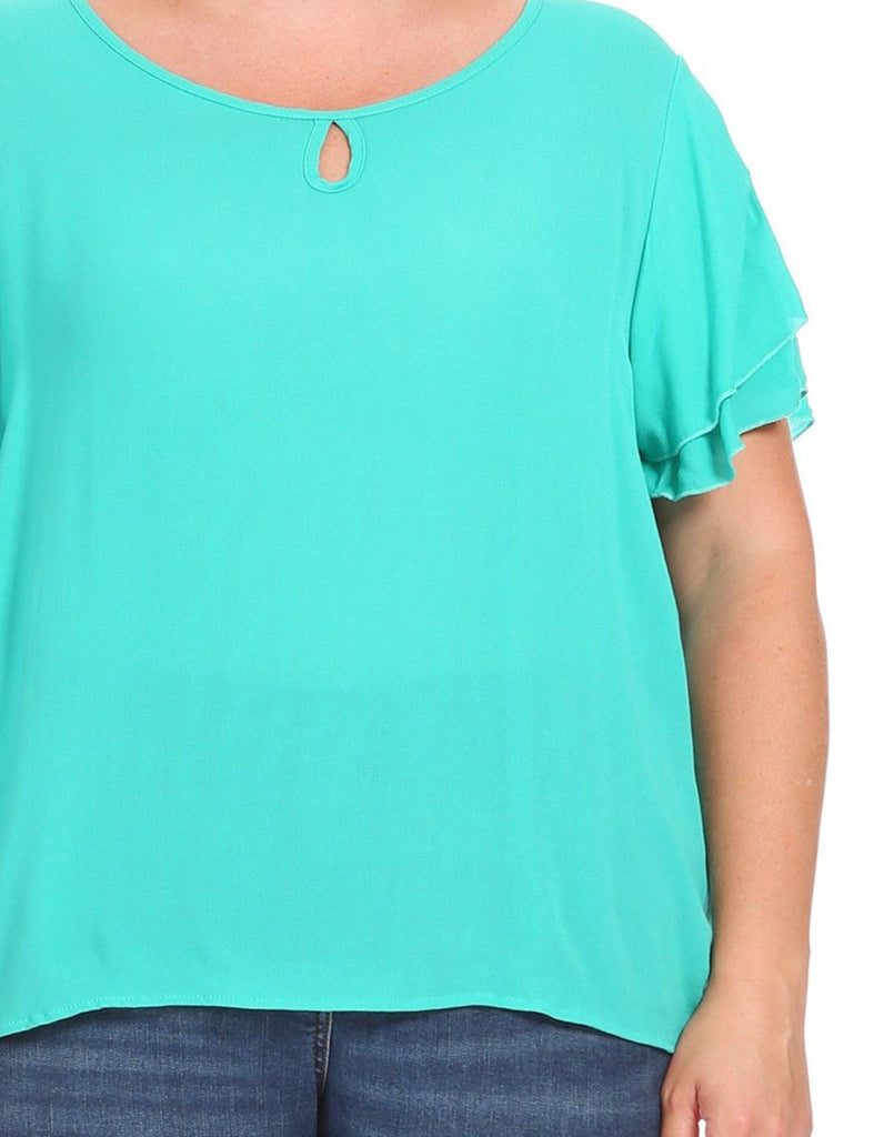 Women's Plus Size Solid Flowy Short Flutter Sleeve Key Hole Blouse FashionJOA