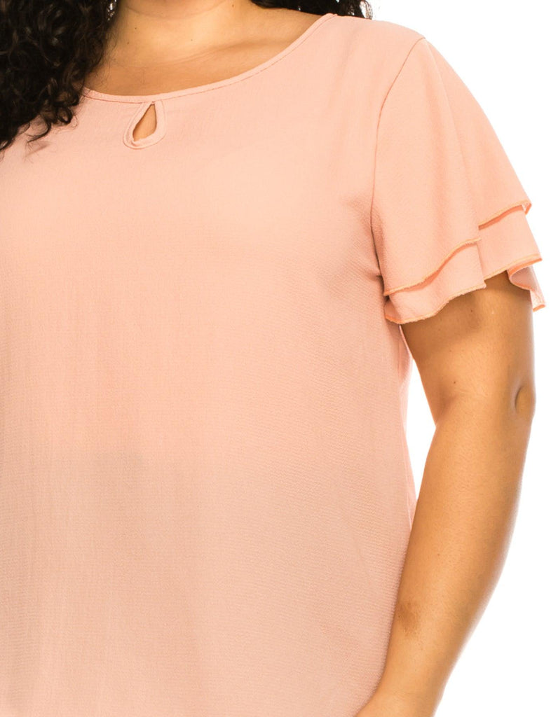 Women's Plus Size Solid Flowy Short Flutter Sleeve Key Hole Blouse FashionJOA