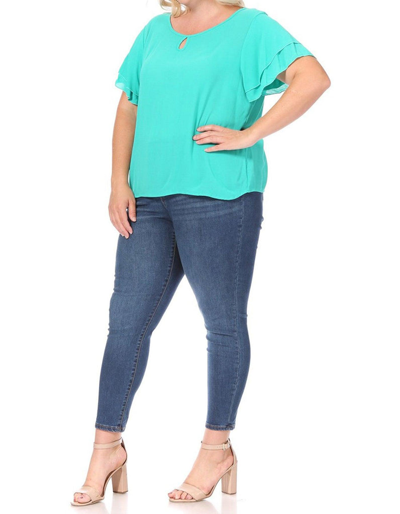 Women's Plus Size Solid Flowy Short Flutter Sleeve Key Hole Blouse FashionJOA