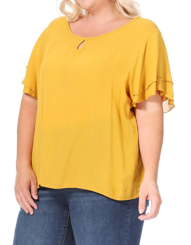 Women's Plus Size Solid Flowy Short Flutter Sleeve Key Hole Blouse FashionJOA