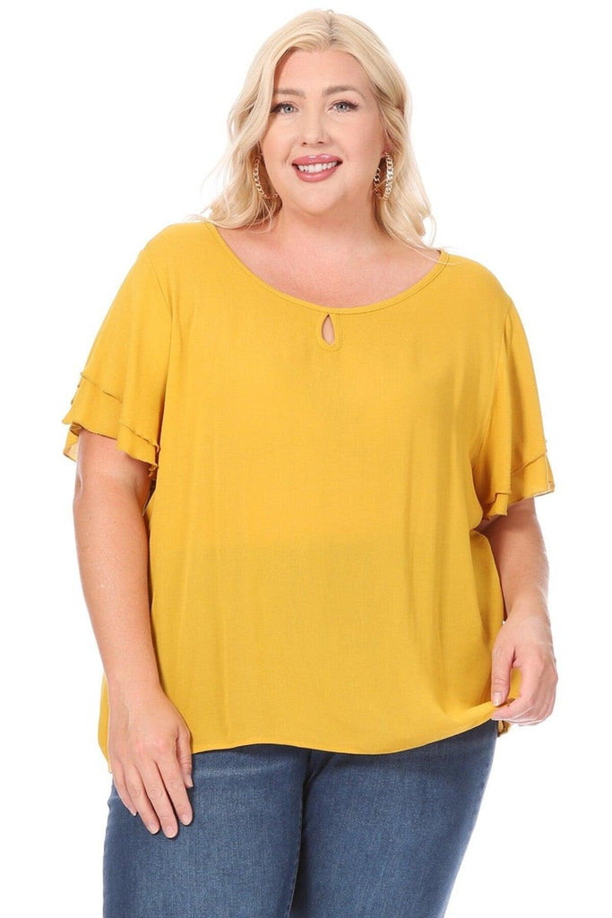 Women's Plus Size Solid Flowy Short Flutter Sleeve Key Hole Blouse FashionJOA