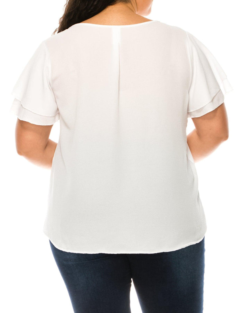 Women's Plus Size Solid Flowy Short Flutter Sleeve Key Hole Blouse FashionJOA