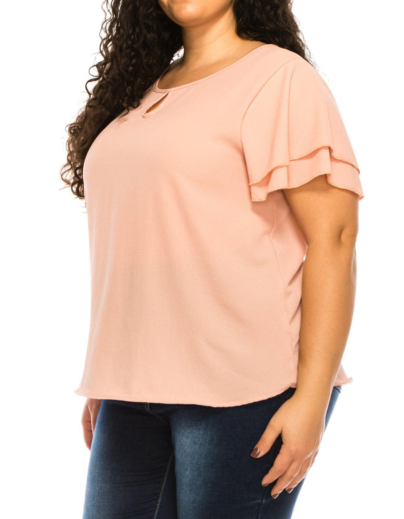 Women's Plus Size Solid Flowy Short Flutter Sleeve Key Hole Blouse FashionJOA