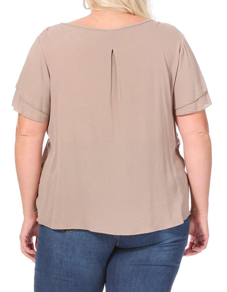 Women's Plus Size Solid Flowy Short Flutter Sleeve Key Hole Blouse FashionJOA