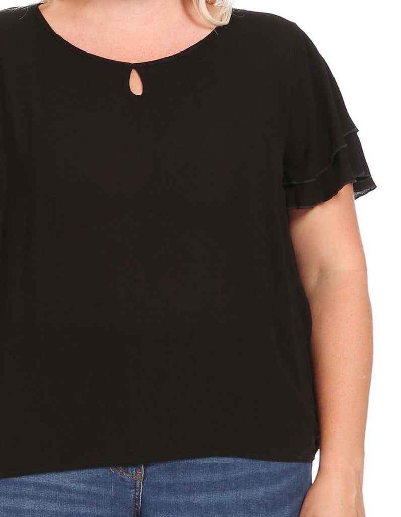 Women's Plus Size Solid Flowy Short Flutter Sleeve Key Hole Blouse FashionJOA