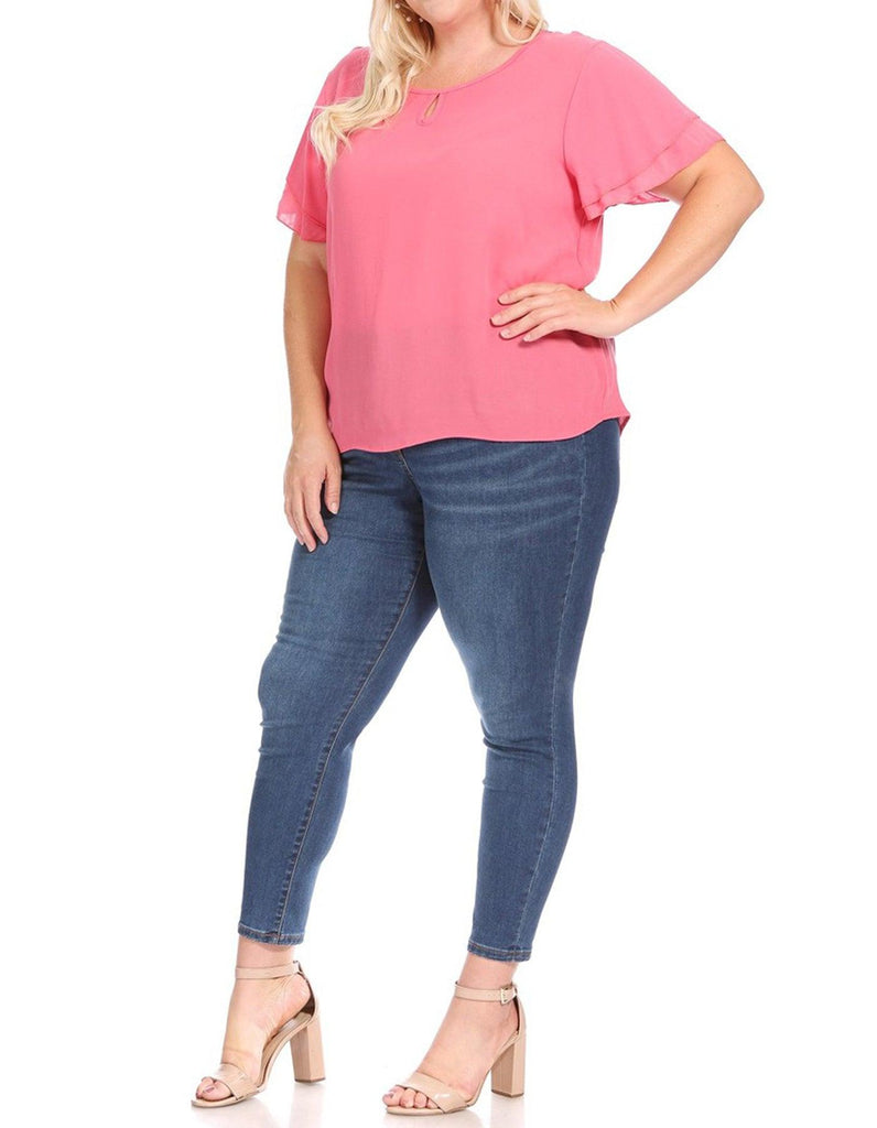Women's Plus Size Solid Flowy Short Flutter Sleeve Key Hole Blouse FashionJOA
