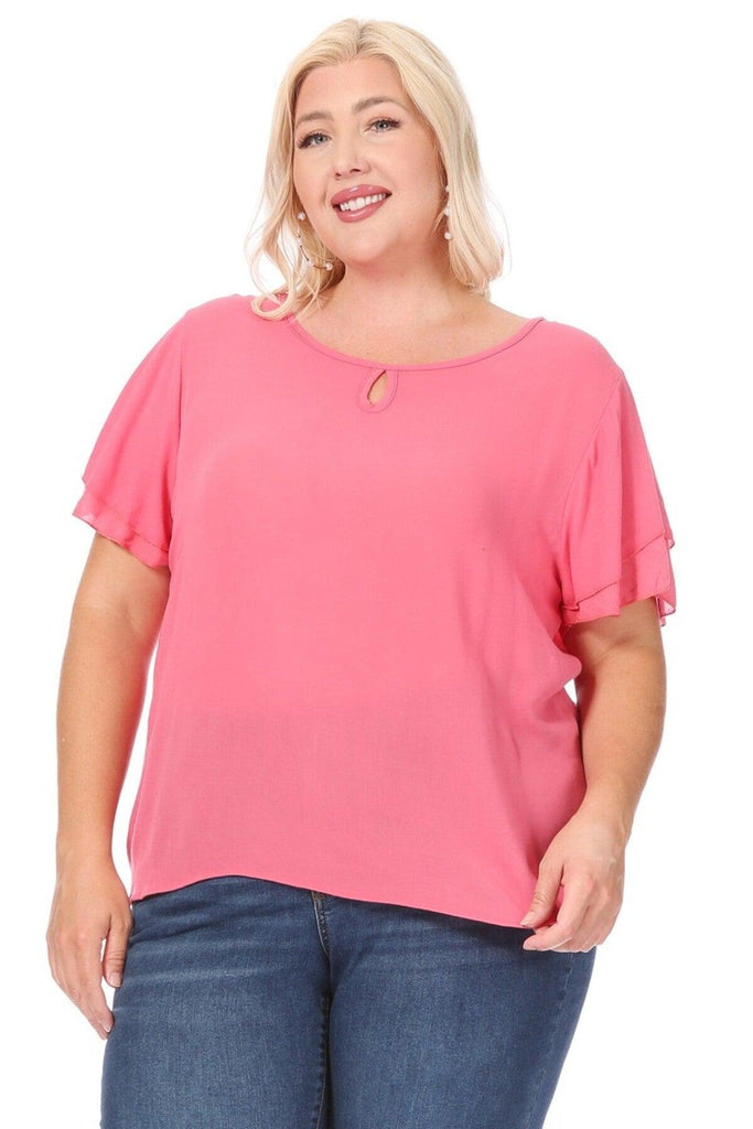 Women's Plus Size Solid Flowy Short Flutter Sleeve Key Hole Blouse FashionJOA