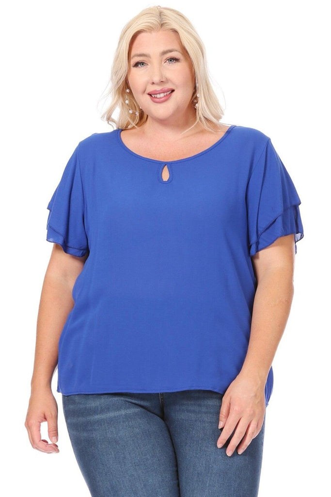 Women's Plus Size Solid Flowy Short Flutter Sleeve Key Hole Blouse FashionJOA