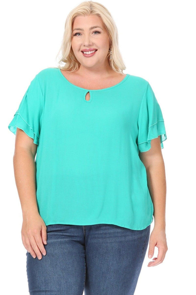 Women's Plus Size Solid Flowy Short Flutter Sleeve Key Hole Blouse FashionJOA