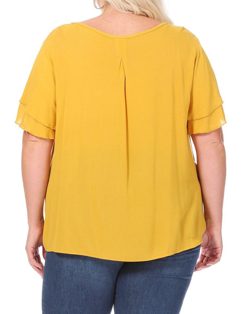 Women's Plus Size Solid Flowy Short Flutter Sleeve Key Hole Blouse FashionJOA