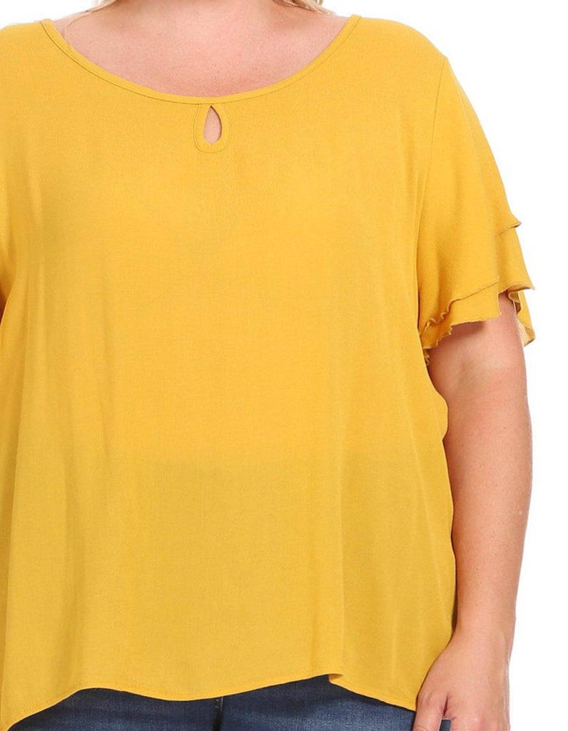 Women's Plus Size Solid Flowy Short Flutter Sleeve Key Hole Blouse FashionJOA