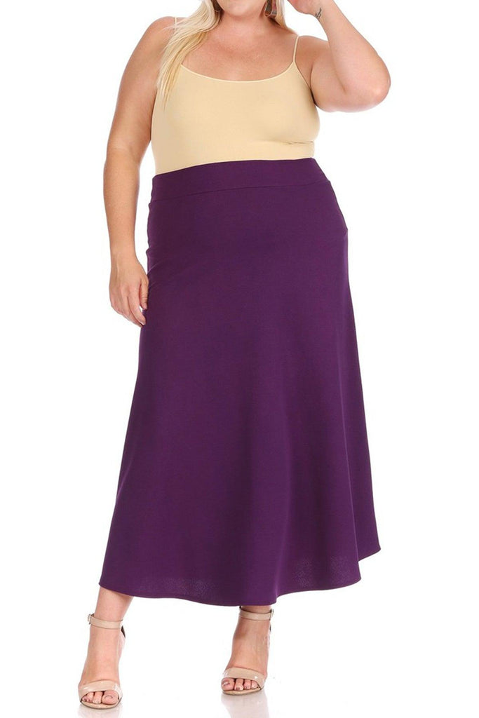 Women's Plus Size Solid High Waisted Flare A-line Midi Skirt with Elastic Waistband FashionJOA