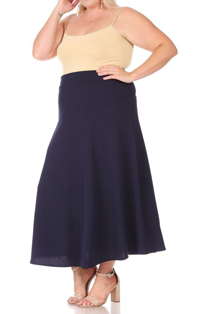 Women's Plus Size Solid High Waisted Flare A-line Midi Skirt with Elastic Waistband FashionJOA