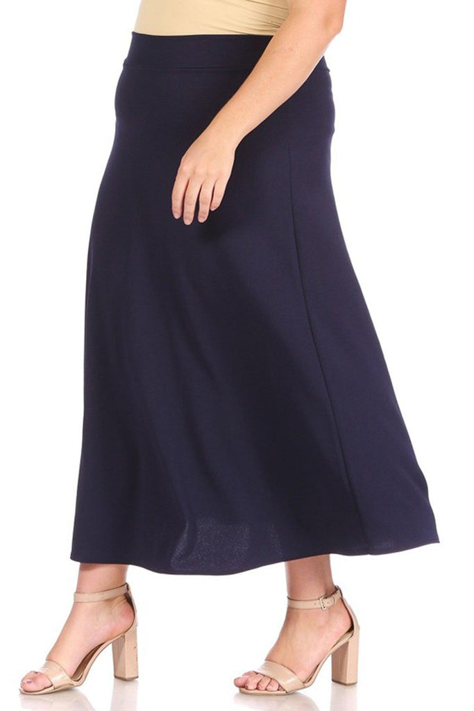 Women's Plus Size Solid High Waisted Flare A-line Midi Skirt with Elastic Waistband FashionJOA