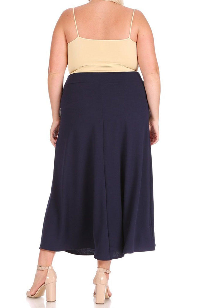 Women's Plus Size Solid High Waisted Flare A-line Midi Skirt with Elastic Waistband FashionJOA