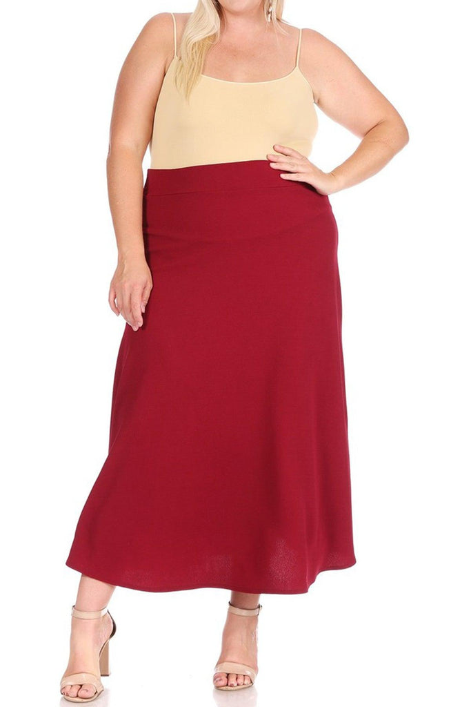 Women's Plus Size Solid High Waisted Flare A-line Midi Skirt with Elastic Waistband FashionJOA