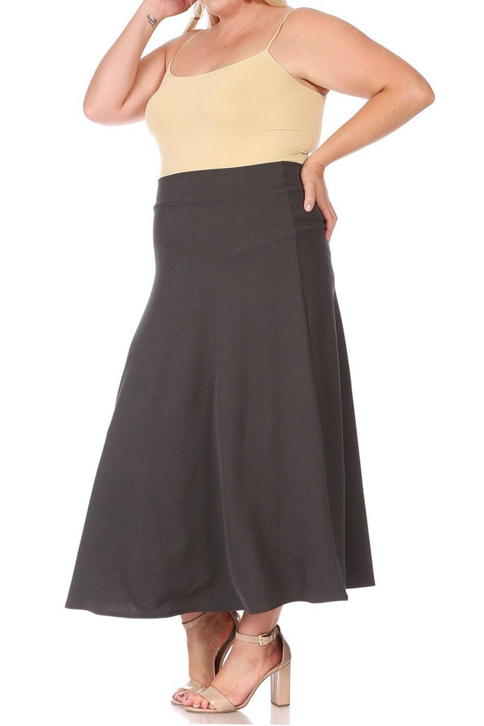 Women's Plus Size Solid High Waisted Flare A-line Midi Skirt with Elastic Waistband FashionJOA