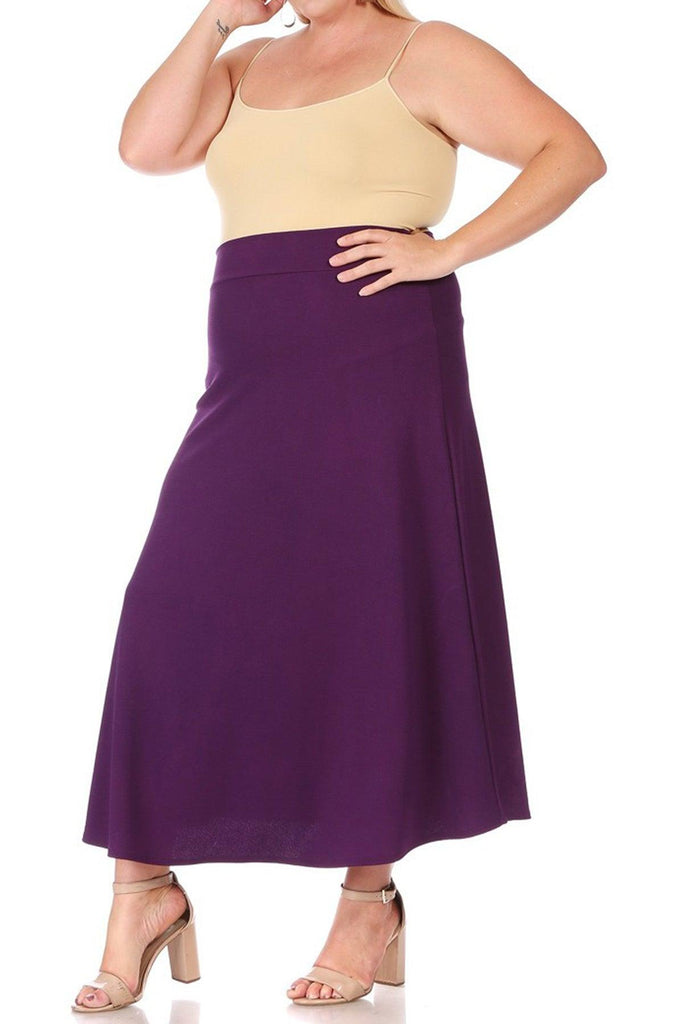 Women's Plus Size Solid High Waisted Flare A-line Midi Skirt with Elastic Waistband FashionJOA