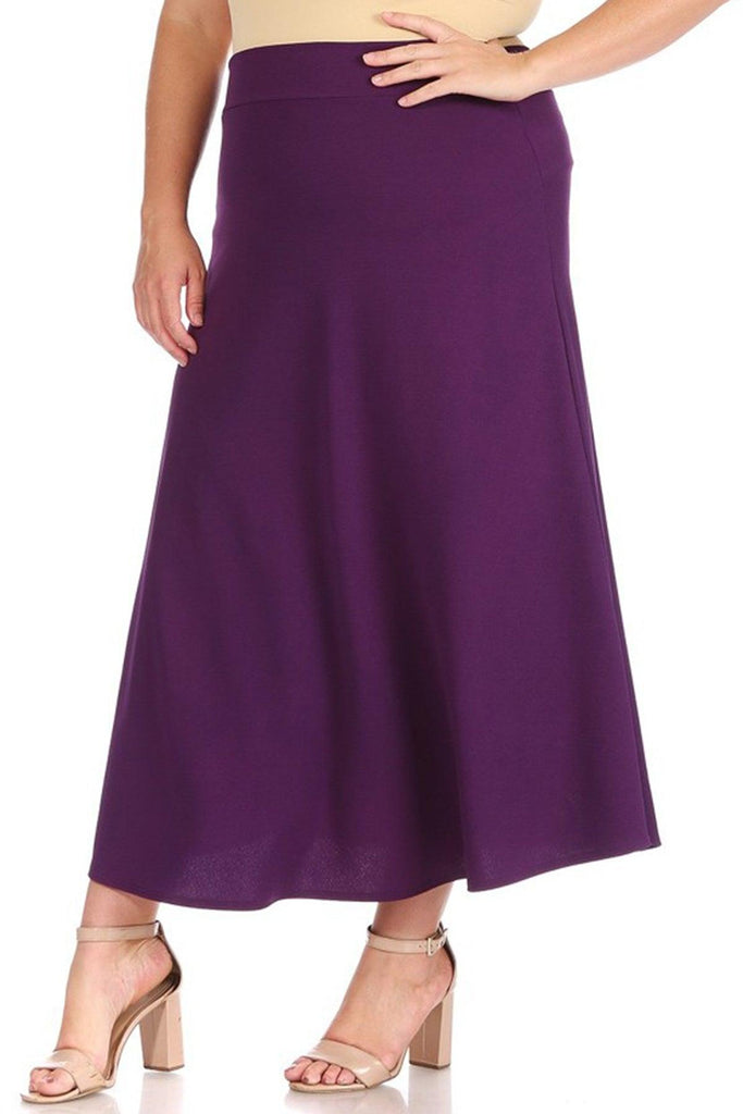 Women's Plus Size Solid High Waisted Flare A-line Midi Skirt with Elastic Waistband FashionJOA