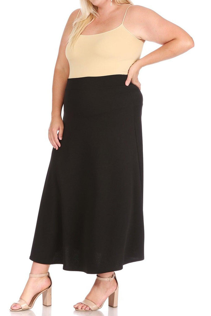 Women's Plus Size Solid High Waisted Flare A-line Midi Skirt with Elastic Waistband FashionJOA