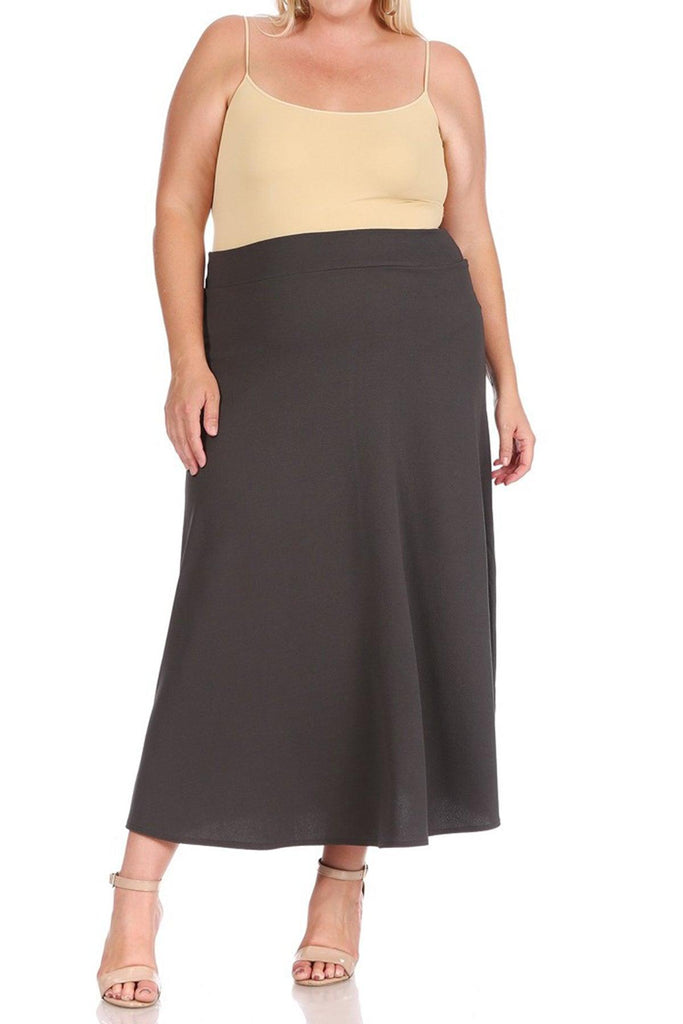 Women's Plus Size Solid High Waisted Flare A-line Midi Skirt with Elastic Waistband FashionJOA