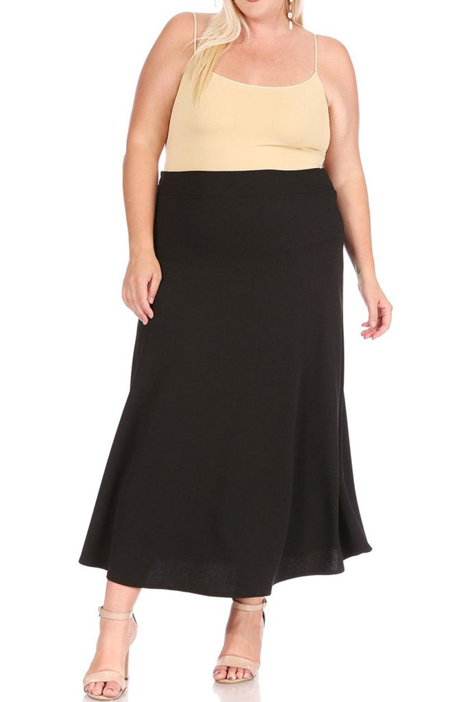 Women's Plus Size Solid High Waisted Flare A-line Midi Skirt with Elastic Waistband FashionJOA