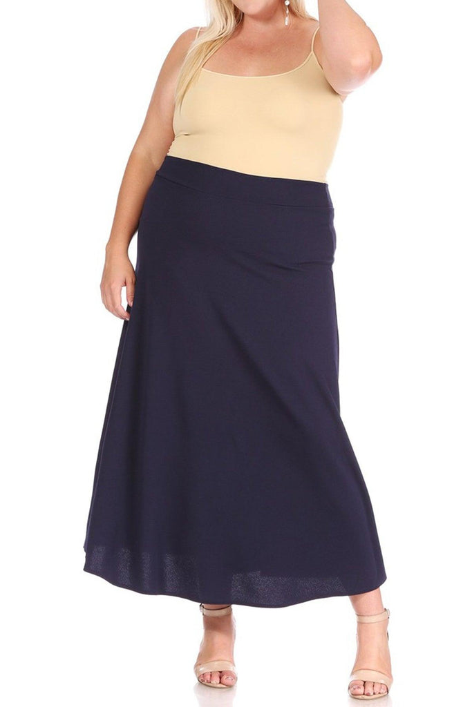 Women's Plus Size Solid High Waisted Flare A-line Midi Skirt with Elastic Waistband FashionJOA