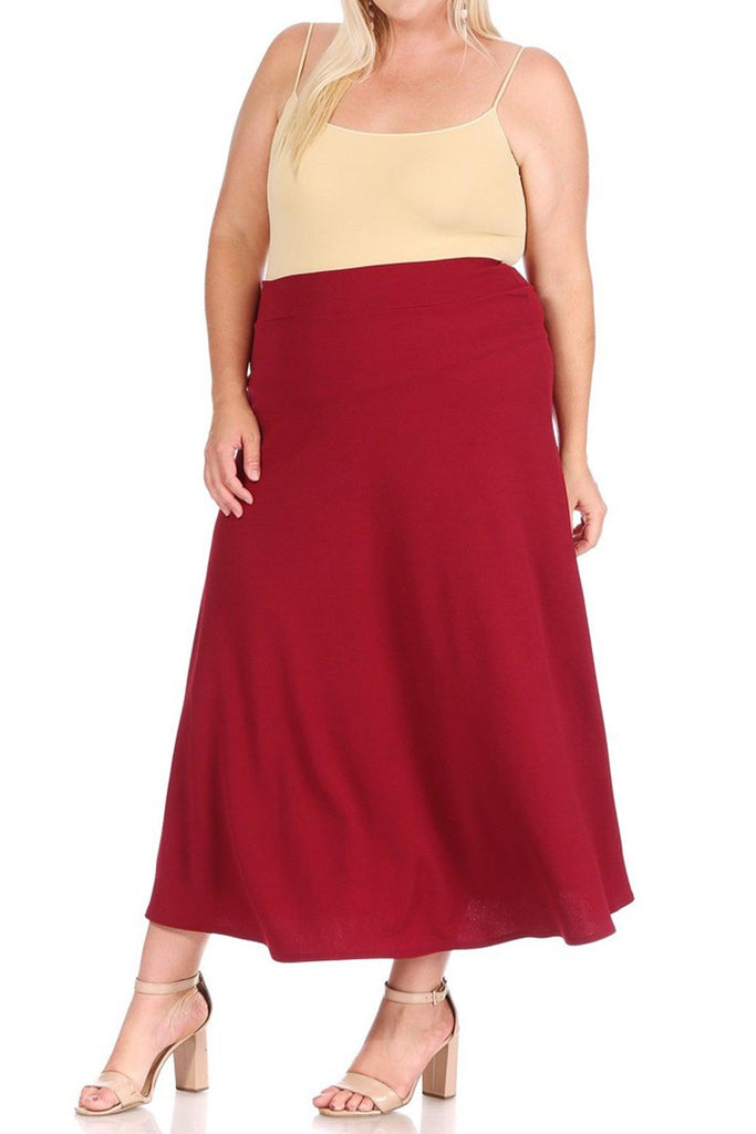 Women's Plus Size Solid High Waisted Flare A-line Midi Skirt with Elastic Waistband FashionJOA