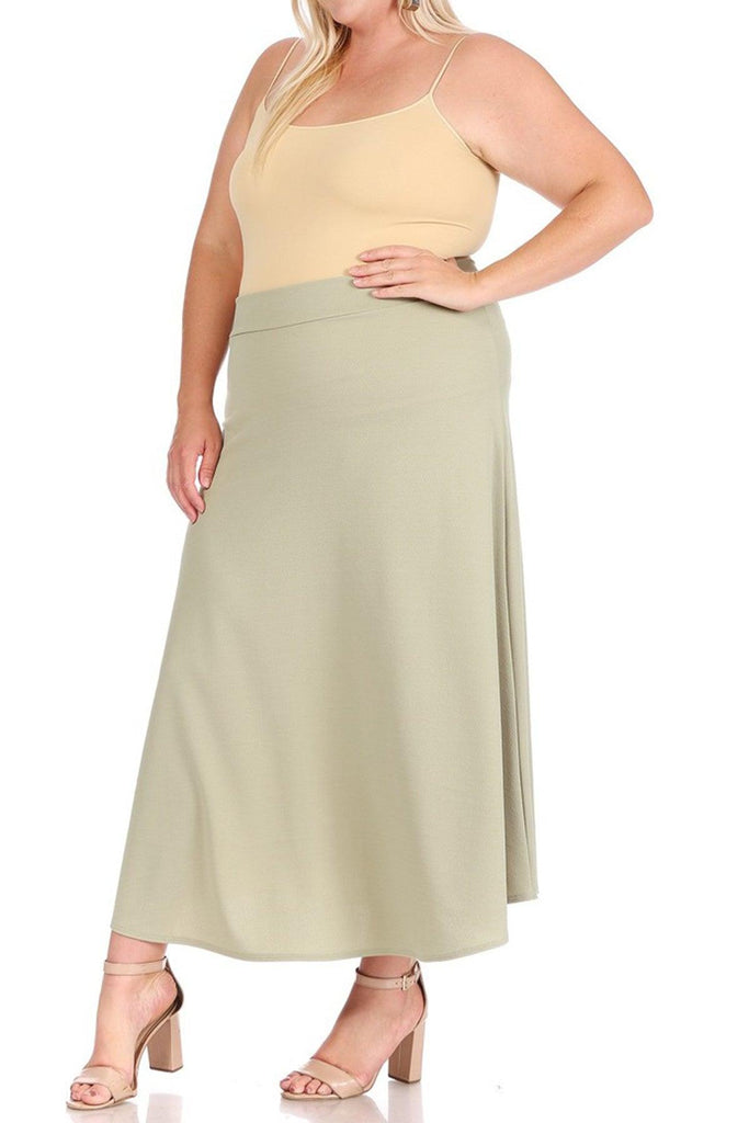 Women's Plus Size Solid High Waisted Flare A-line Midi Skirt with Elastic Waistband FashionJOA