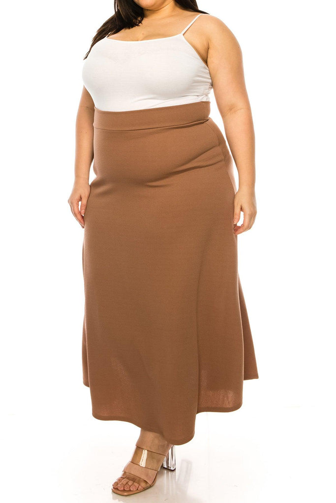 Women's Plus Size Solid High Waisted Flare A-line Midi Skirt with Elastic Waistband FashionJOA