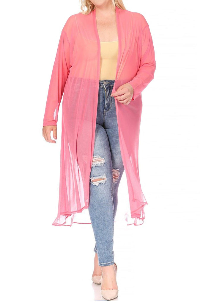 Women's Plus Size Solid Open Front Long Sleeve Chiffon Mesh Loose Cover Up Long Cardigan FashionJOA