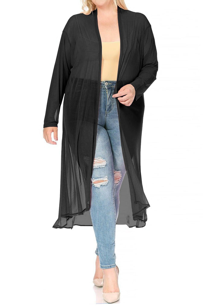 Women's Plus Size Solid Open Front Long Sleeve Chiffon Mesh Loose Cover Up Long Cardigan FashionJOA