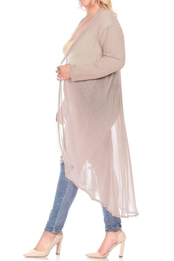 Women's Plus Size Solid Open Front Long Sleeve Chiffon Mesh Loose Cover Up Long Cardigan FashionJOA