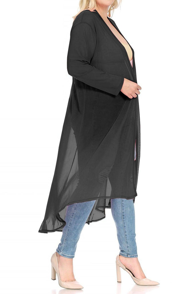 Women's Plus Size Solid Open Front Long Sleeve Chiffon Mesh Loose Cover Up Long Cardigan FashionJOA
